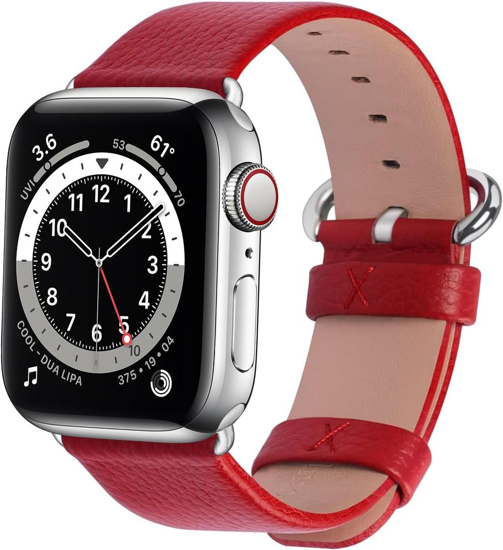 Fullmosa Leather Bands Compatible with Apple Watch Band 41mm 40mm 38mm 42mm 44mm 45mm 46mm 49mm Women Men for iWatch Series 11/10/9/8/7/6/5/4/3/2/1,Ultra3/2/1,SE3/2/1, 42mm 41mm 40mm 38mm, Red/Silver