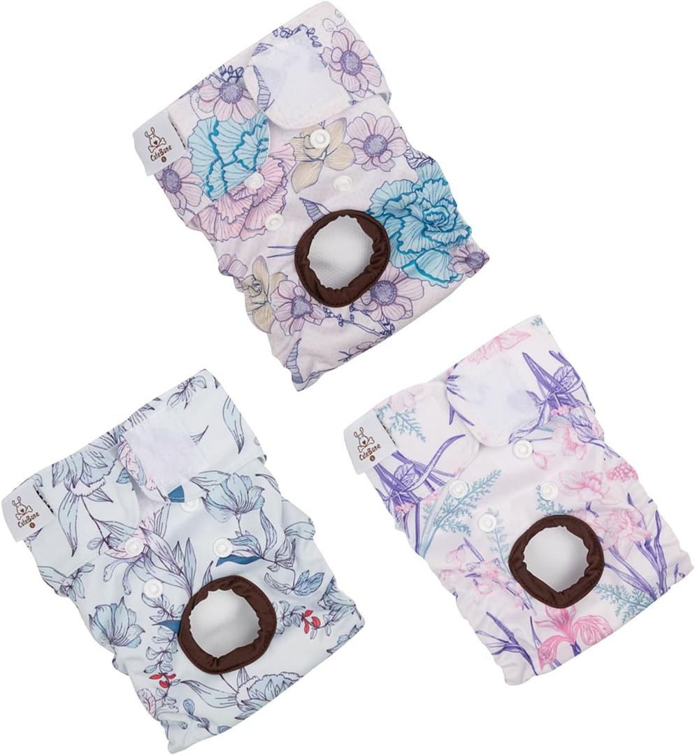 CuteBone Dog Diapers Female Washable Small Medium Large 3 Pack Reusable Doggie Diapers Puppy Period Pants for Doggy Heat Cycle Peeing, S, 2#Floral 3pcs