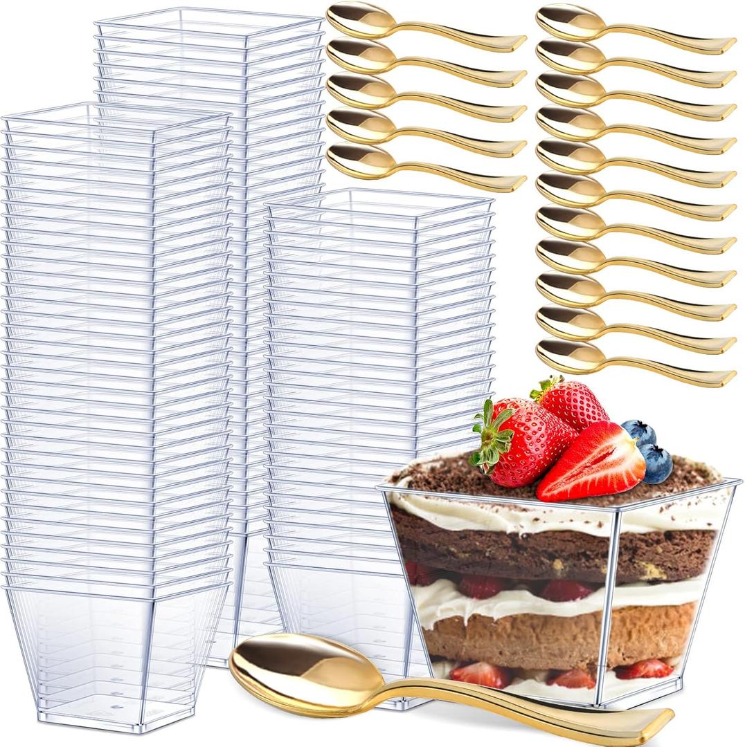 Dingion 400 Pcs 4 oz Plastic Dessert Cup with Spoon Set - 200 Square Mousses Cup & 200 Gold Glitter Tasting Spoons for Parfait Appetizer Ice Cream Wedding Party Catering