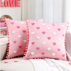 Oudain Valentines Day Throw Pillow Covers 18 x 18 Set of 2 Heart Love Couples Decorations Embroidery Cushion Covers Home Decor for Couch Girlfriend Sofa Bedroom(Pink)