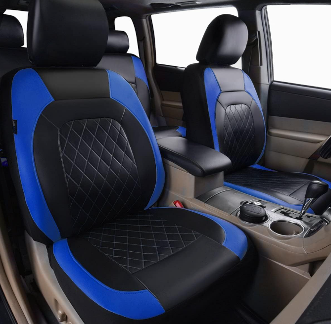 Universal Deluxe Pu Luxury Vinyl Faux Leather Car Seat Covers Two Front 6 Pieces Airbag Compatible Fit for Cars SUV Vehicles (Black and Blue)