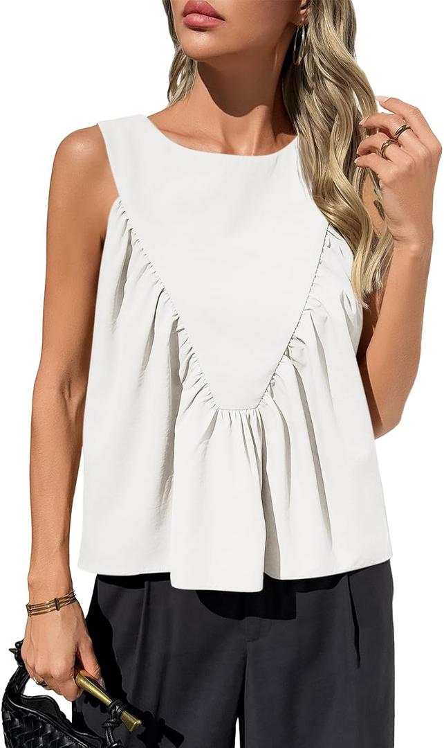 Cicy Bell Womens Peplum Babydoll Tank Tops Summer Sleeveless Loose T Shirts Casual Shirred Flowy Tops, small