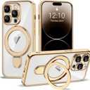 Compatible with iPhone 14 Pro Max Case with Invisible Magnetic Ring Stand [Compatible with Mag-Safe] [Full Camera Lens Protector] Plating Clear Phone Case for iPhone 14 Pro Max 6.7", Gold