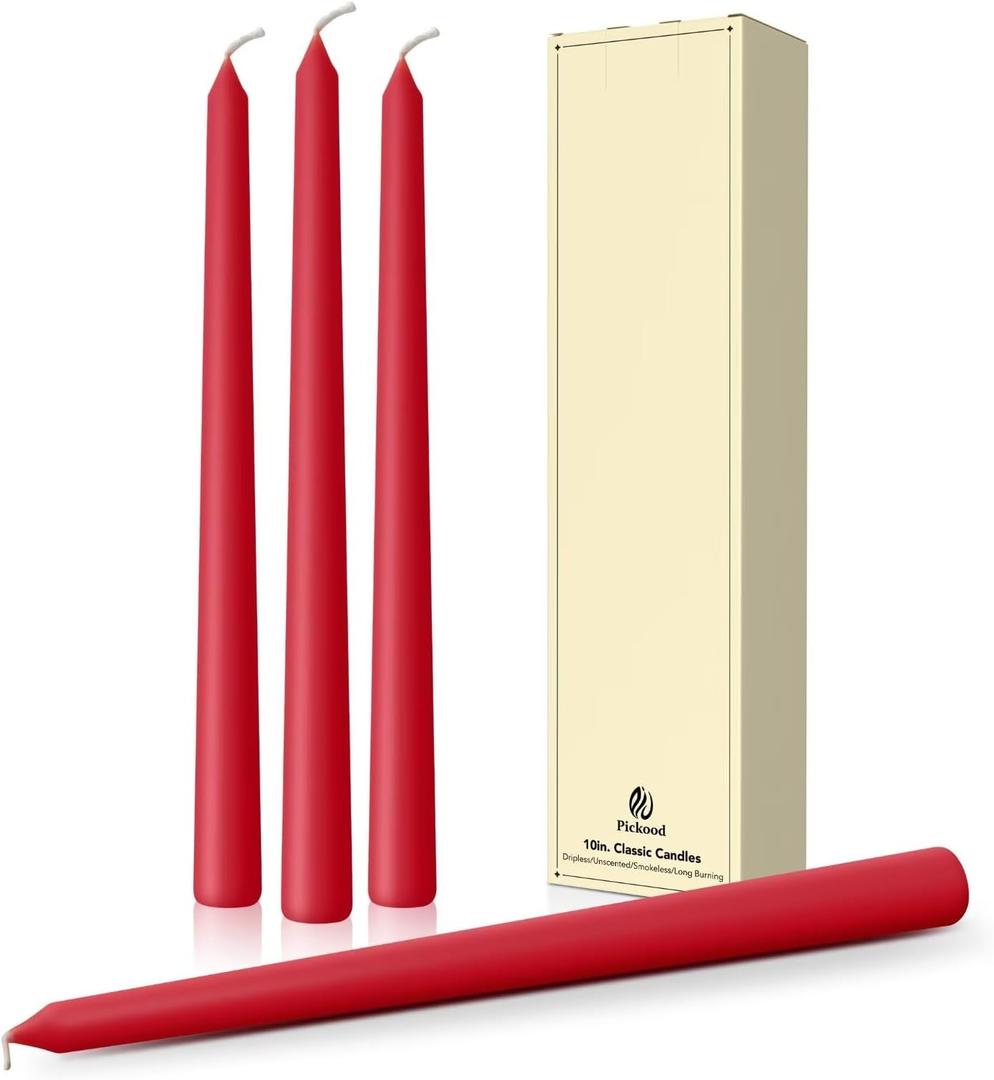 10-Inch Tall Dripless Taper Candles Set of 4 - Red Tapered Candles, Perfect for Christmas - Smokeless, Unscented, Long Burning - Hand Poured, Colored Tall Candlesticks - Bright Red