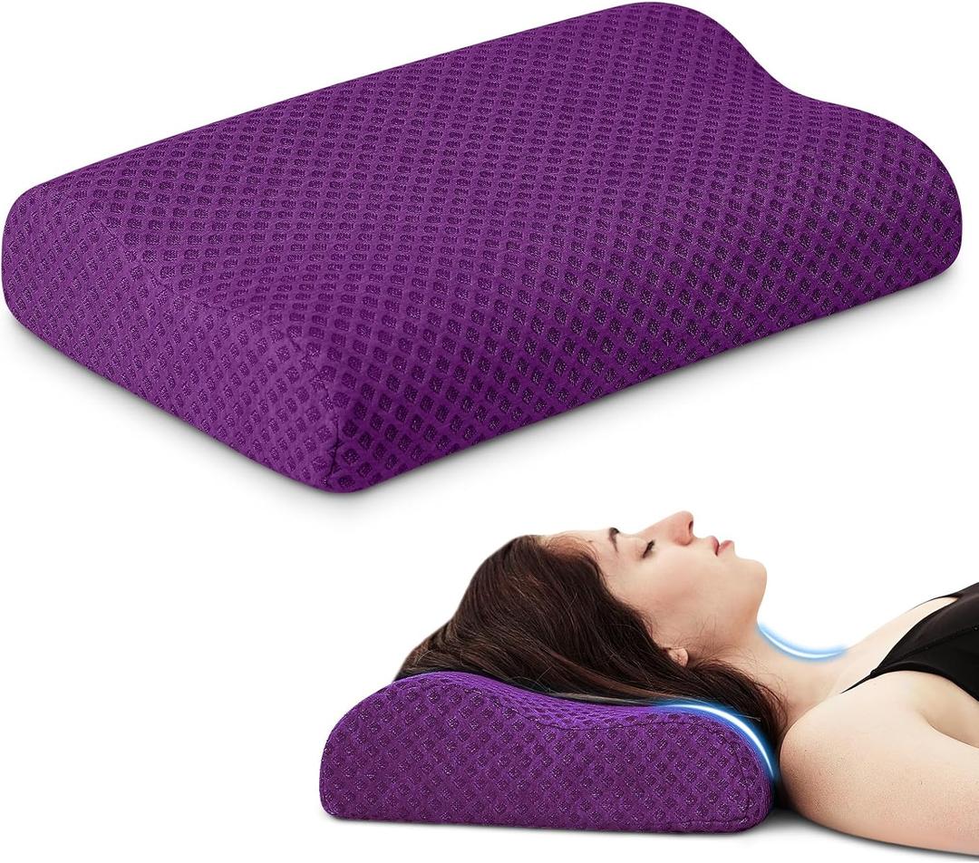Neck Pillow for Sleeping, Travel Pillow, Camping Pillow, Ergonomic Memory Foam Compressible Medium Firm, Ideal for Home, Bedroom, Office and Camping (Purple, S) (S-15.7x10x4/3 In)