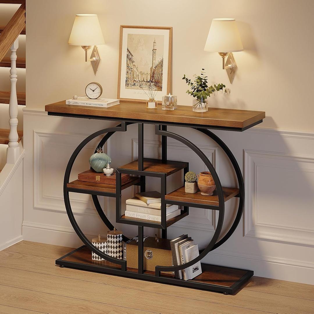 GiftGo Narrow Console Table for Entryway Industrial 4-Tier Sofa Table Behind Couch with Circle Base Rustic Wooden Accent Tables with Storage Shelves for Living Room, Hallway, Foyer (Brown), 41.3 x 11.8 x 31.5 inches