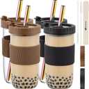 Qinline Reusable Glass Mason Jars Cups with Lids and Straws Silicone Sleeves, 4 Pack 24Oz Wide Mouth Smoothie Cups Glass Bubble Tea Cup Leakproof drinking glasses Travel Tumbler for Large Pearl Birthday Gifts (Black & Coffee)