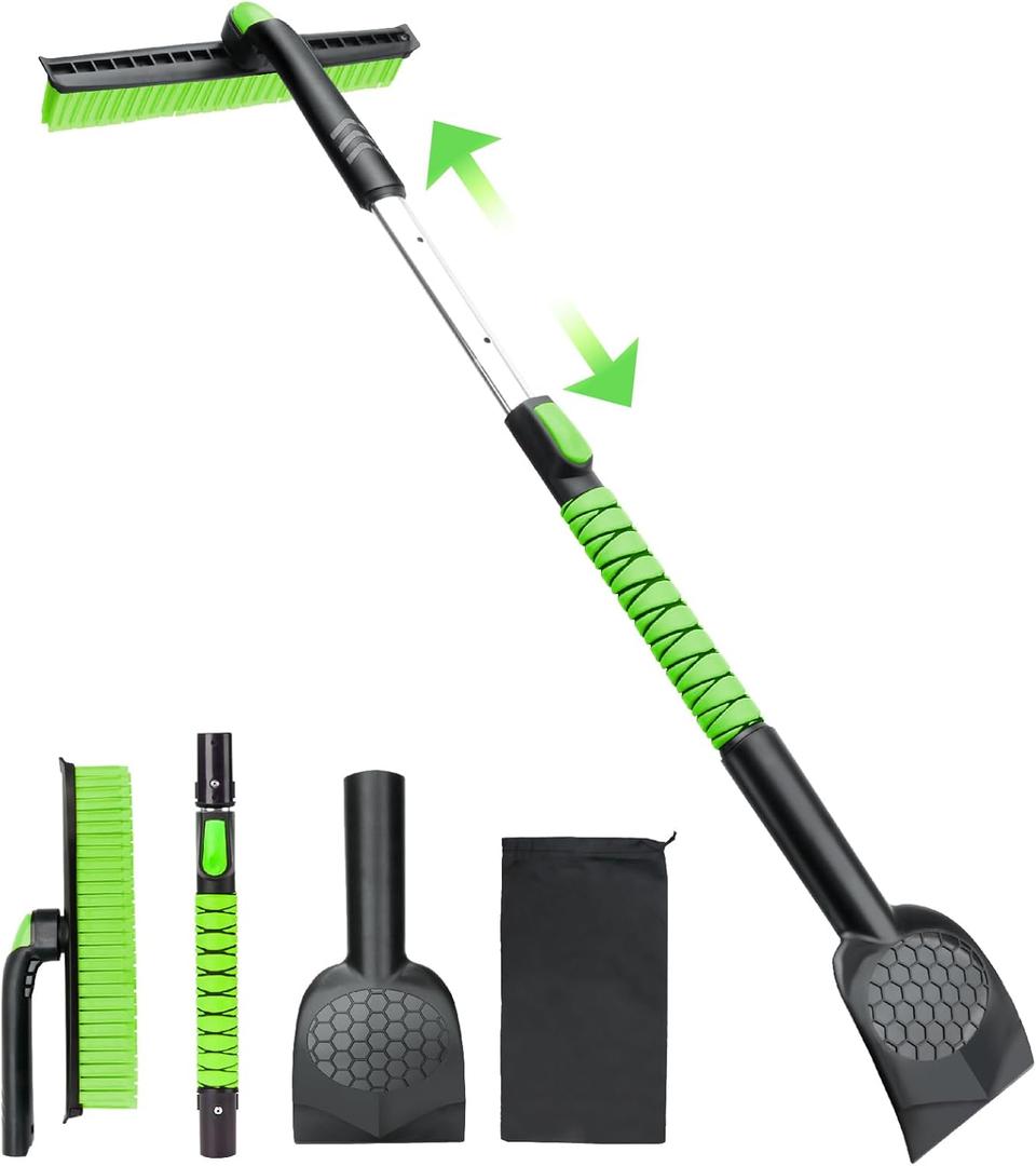 45.6" Ice Scraper and Snow Brush for Car Windshield [Silicone Bristles] ,3in1 Extendable Emergency Snow Shovel with Ergonomic Foam Grip and 360° Pivoting Brush Head for Christmas, Car Auto Truck SUV