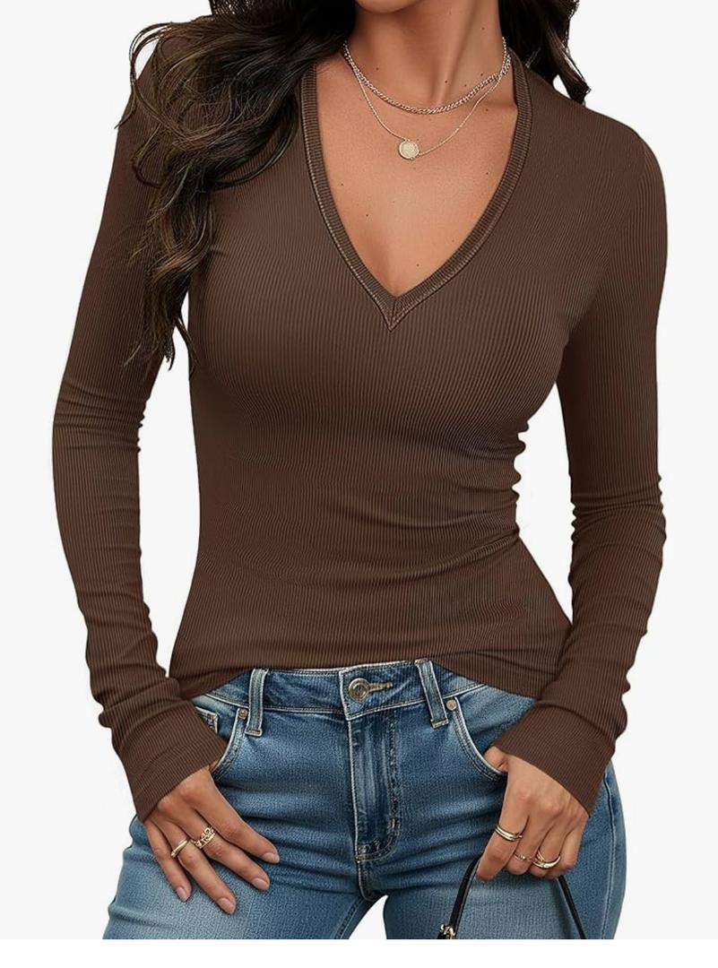 Prettywear Sexy Deep V Neck Long Sleeve Shirts for Women Ribbed Going Out Tops Fitted Casual Basic 2026 Spring Summer Clothes XS