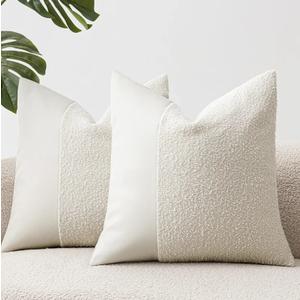 Set of 2 Fluffy Boucle Pillow Covers 20"x20", White Textured Throw Pillow Covers with Faux Leather Accents, Boho Decorative Pillow Cases for Couch, Bed, or Farmhouse Home Decor