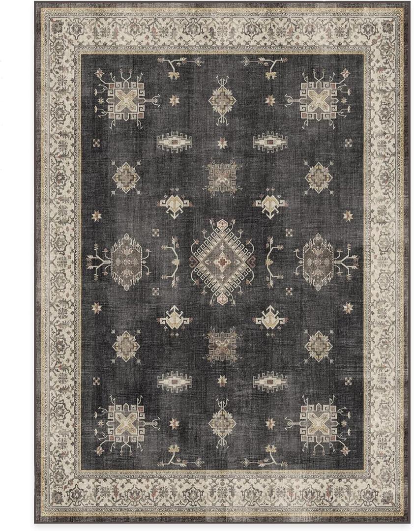 RUGGABLE Washable Vintage Area Rug  Verena Dark Wood 5x7, Stain-Resistant, Non-Slip  Medium Machine Washable Rugs for Living Room, Bedroom, Hallway, Entryway & Officewith Standard Pad