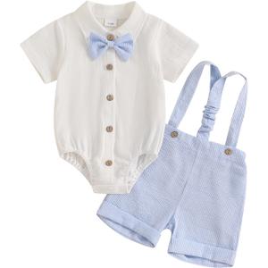 Vicaankue Newbron Baby Boy Summer Outfit Cotton Linen Button Short Sleeve Bowtie Shirt Romper Suspender Shorts Set (Sky Blue, 6-9 Months)