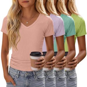 4 Pack Girls Short Sleeve Shirts Ribbed V Neck Tops Fitted Kids Soft Basic Tees Summer