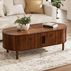 Coffee Table for Living Room, Modern Oval Coffee Table with Cabinets & Sliding Doors, Home Small Space, 47.2" Fluted Center Table, Walnut