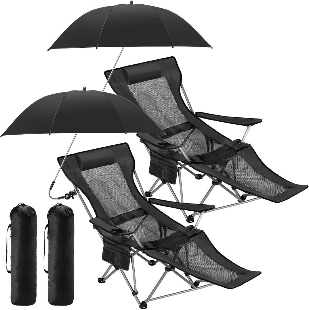 Yuntau 2 Set Reclining Beach Chairs with Umbrella & Footrest, Portable Adjustable Folding Mesh Lounge Chair with Shade Canopy Headrest & Storage Bag for Camping, Fishing, Outdoor, Patio(Black)