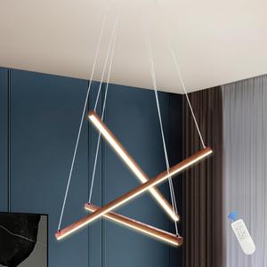23" Walnut 3-Light Modern Led Chandelier for Kitchen Dimmable Linear Led Chandelier Bedroom Modern Pendant Light with Remote Control for Living Room Kitchen Bedroom Foyer