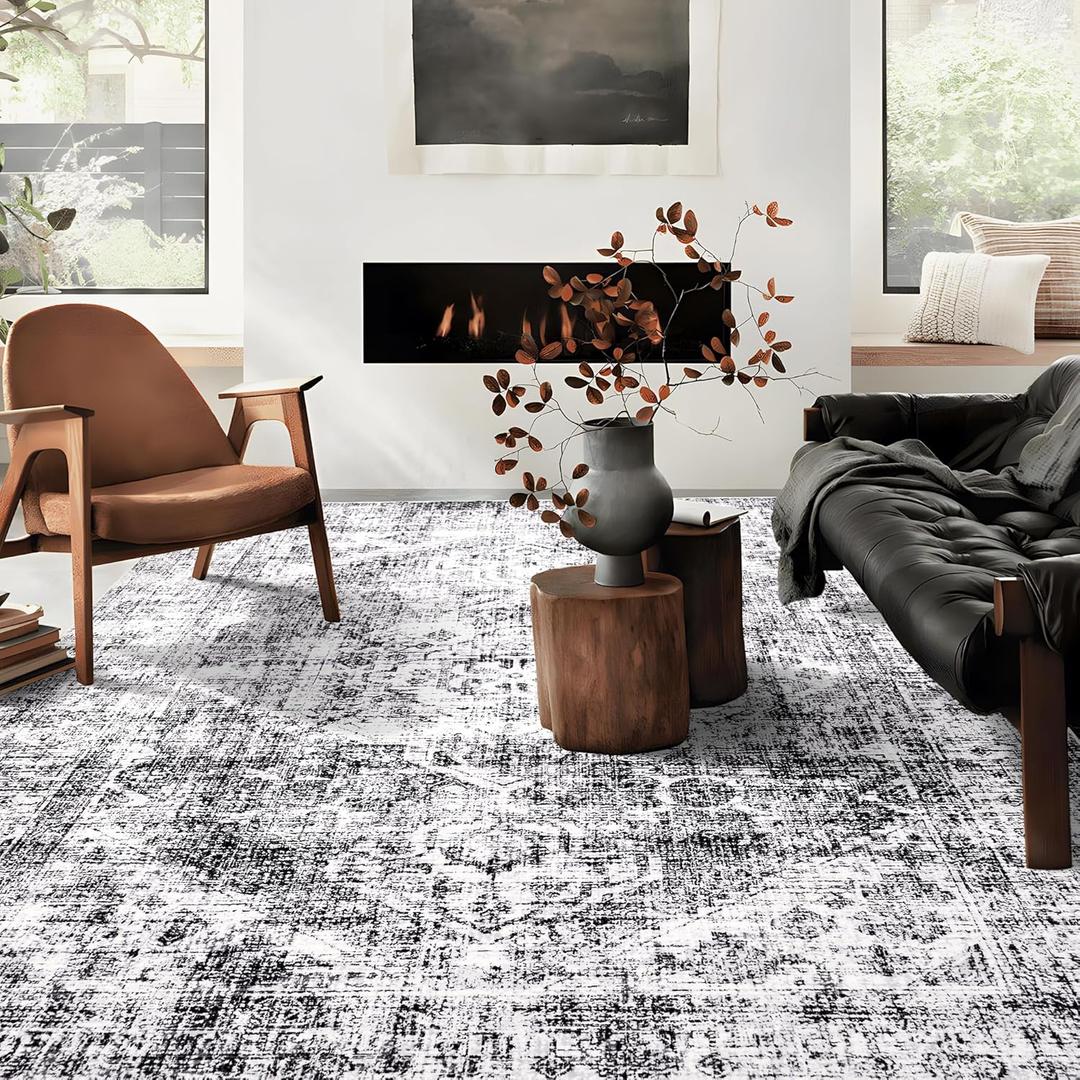 8x10 Washable Area Rug, Upgraded Denser Surface Vintage Rugs, Honeycomb Non-Slip Backing Living Room Rug, Easy Care Foldable Rugs for Living Room Bedroom Kitchen Dinning Room Home Office (Grey)