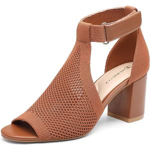 NEWBELLA Women's Knit Ankle Strap Sandals - Open Toe Block Heel Pumps, Breathable Comfortable Summer Heels for Casual Outings, Brown 8.5