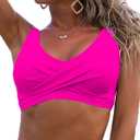 Fanuerg Women's Twist Front Bikini Top V Neck Push Up Padded Swimsuit Top Bathing Suits (Large, 01- Hot Pink)