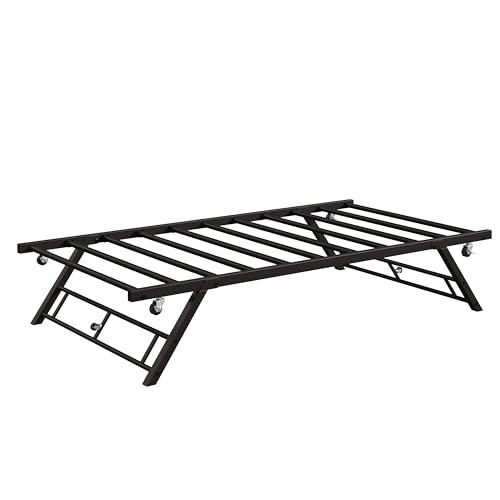 GarveeHome Stand Up Trundle Day Bed, Pop Up Trundle, Twin Trundle Bed Frame Only, Metal Slats Support with Lockable Casters, Brown