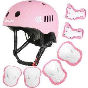 Kids Bike Helmet Set, Toddler Helmet for Ages 2-8 Boys Girls with Sports Protective Gear Set Knee Elbow Wrist Pads for Skateboard Cycling Scooter Rollerblading, Pink