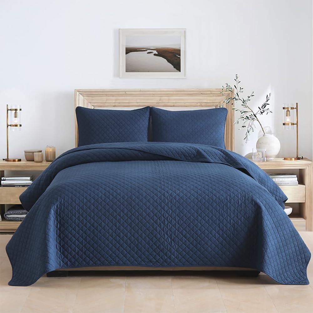 Wistown Cotton King Quilt Bedding Set, 3 Pieces Reversible Lightweight Soft Coverlets Comforters Bedspreads for All Seasons, Diamond Stitching Pattern, Navy Blue | Durable 100% cotton, All season, Modern home dcor, Reversible quilt set, Exquisite stitching, Lightweight (King (98 By108inch))