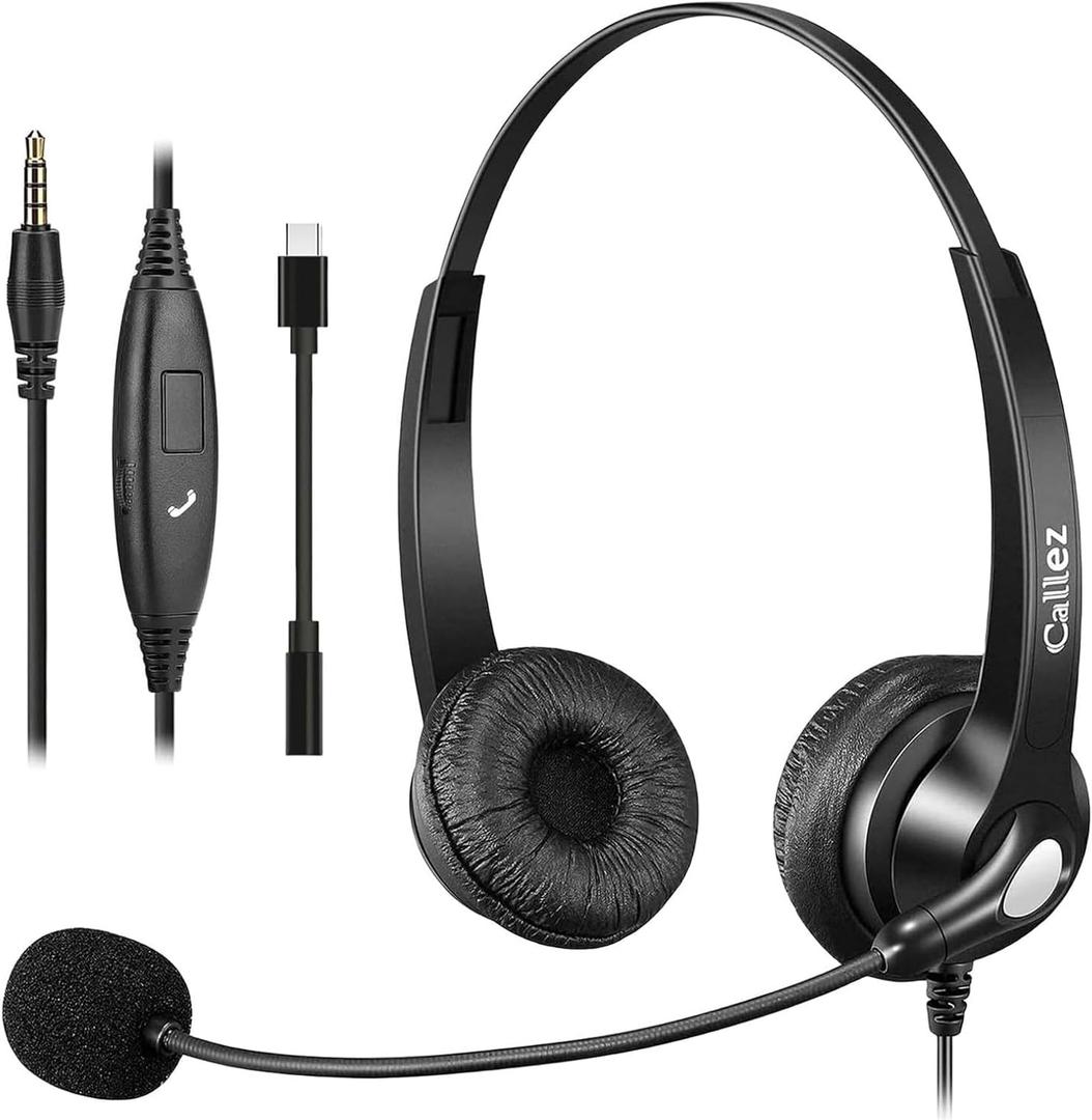 Callez 3.5mm Headset with Microphone Noise Cancelling for Cell Phone PC Laptop, Stereo Computer Headphones for iPhone Android Call Center Office Skype, in-line Control, Clear Chat (Gray-Binaural)