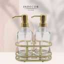 3 Piece Round Heavy Weight Glass Soap Lotion Pump Dispenser Set with Metal Caddy for Home Bath Kitchen Travel Office Hand Crafted Metal Tray Brushed Gold