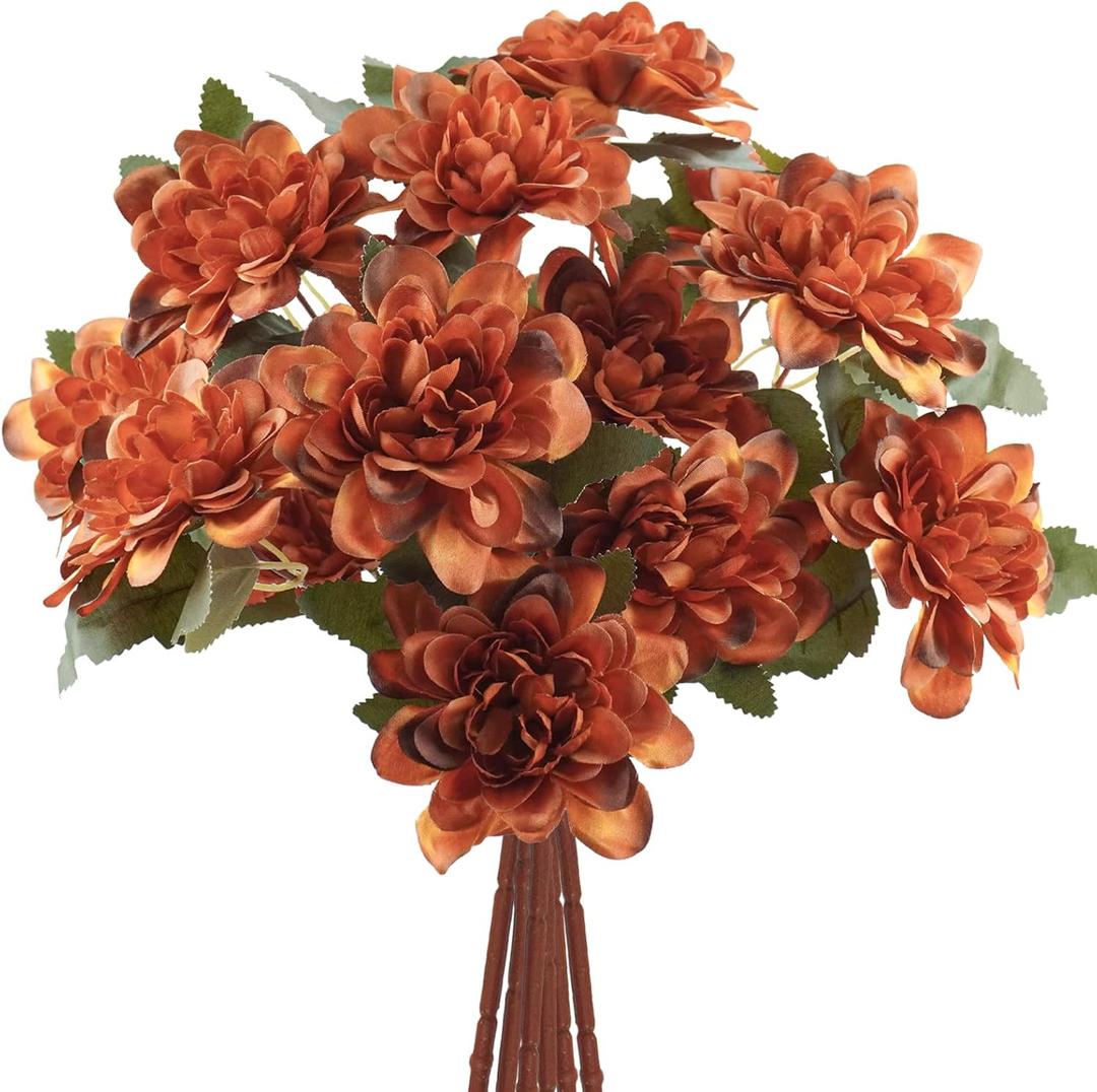 Uieke 6PCS Artificial Daisy Mums Flowers with Stem, Burnt Orange Silk Flowers Arrangement for Home Party Fall Wedding Bouquet Thanksgiving Table Centerpieces Decor (Vintage Terracotta) (Caramel)