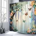 Floral Butterfly Shower Curtain Rustic Purple Weeping Wisteria Blossom Watercolor Flower Green Leaves Spring Garden Nature Scenery Bathroom Decor Polyester Curtains with Hooks,70Wx70L
