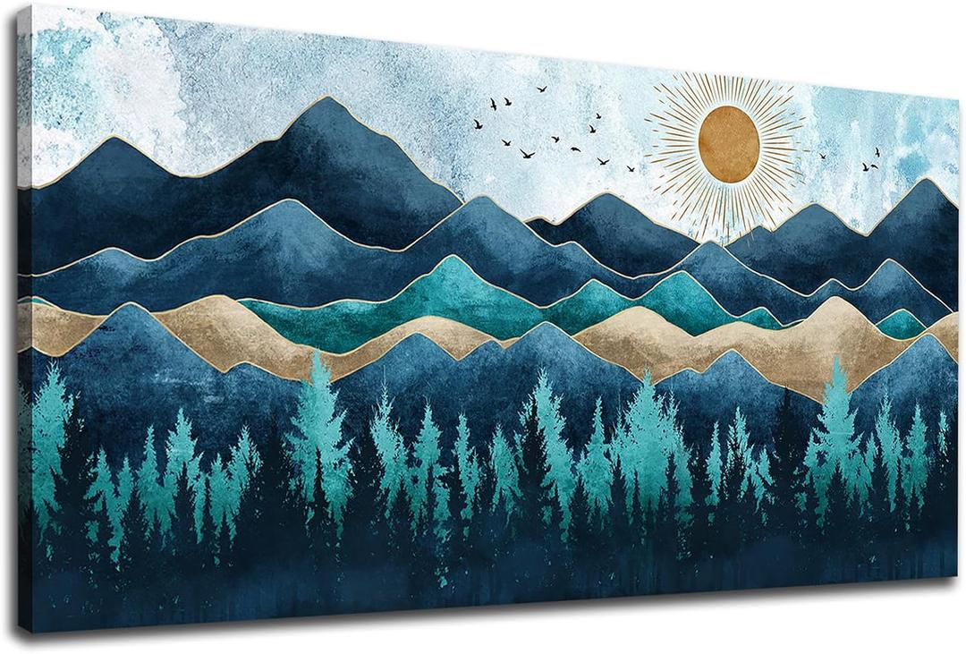 Blue Forest Canvas Wall Art Nature Landscape Pictures Abstract Pinewood Painting Prints Nordic Style Artwork Large Wall Decorations for Living Room Bedroom Home Office 29" x 58"