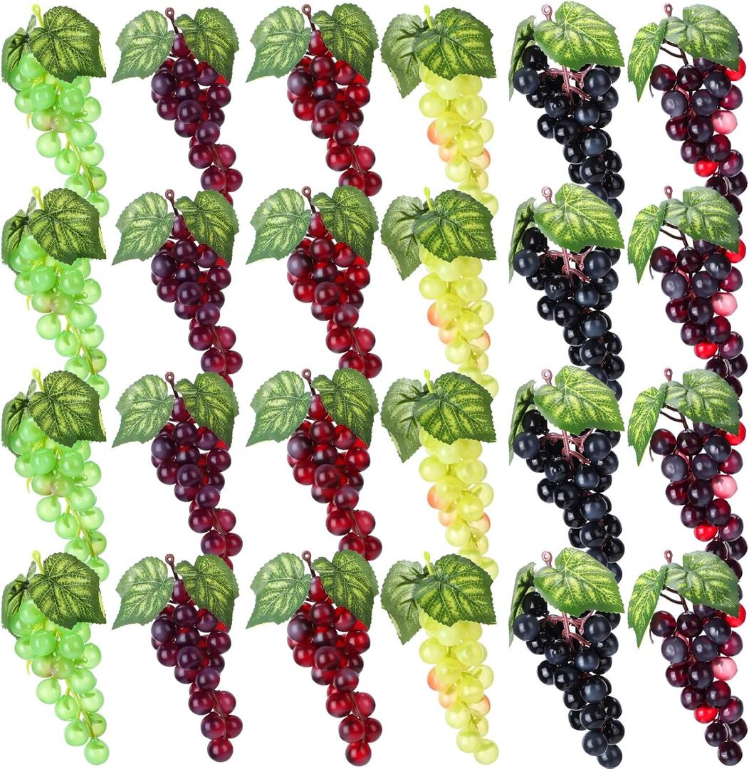 24 Pcs Artificial Grape Rubber Fake Grapes Bunches with Vines Leaves Faux Lifelike Fruits Ornament for Wedding Outdoor Decoration Garden Home, 6 Colors