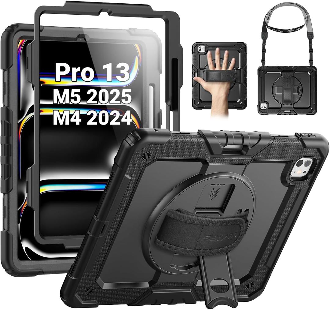 SEYMAC Case for iPad Pro 13 Inch M5 2025 / M4 2024, Heavy Duty Shockproof Protective Case with Screen Protector, 360 Rotating Stand, Hand/Shoulder Strap and Pen Holder, Black