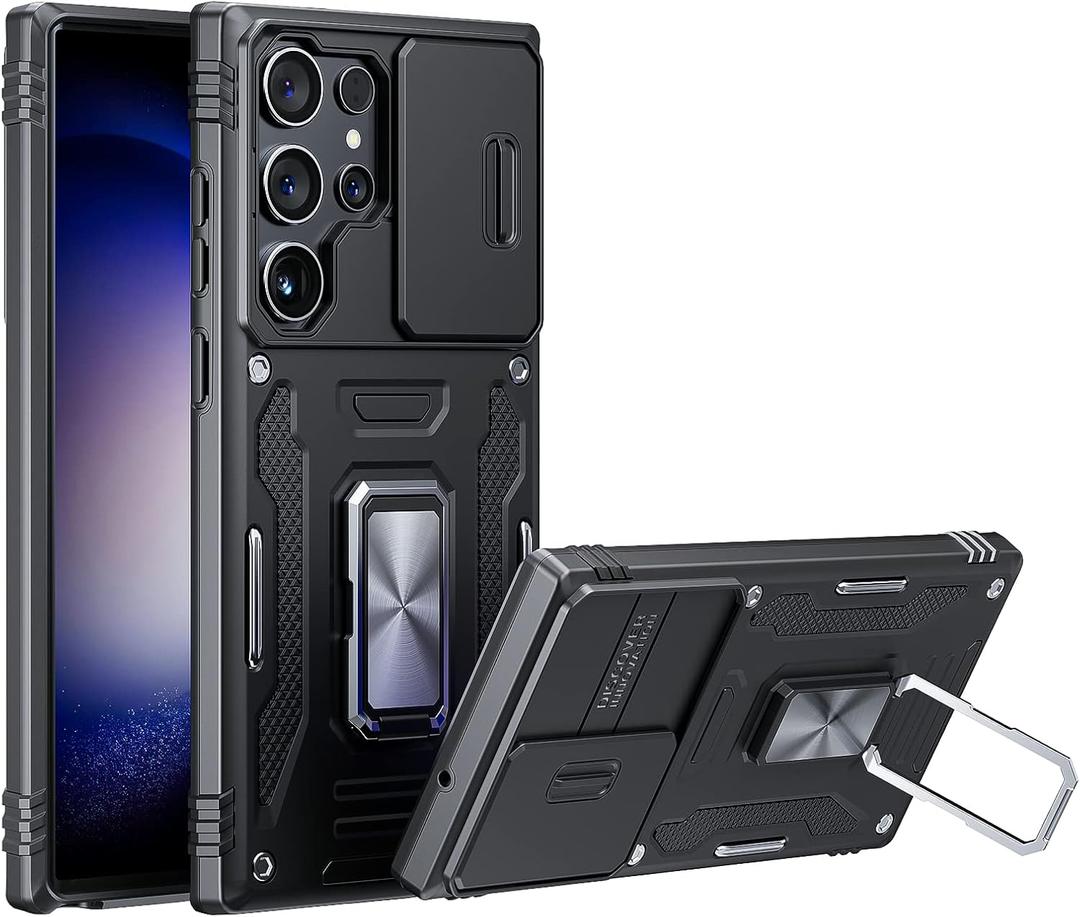 ANGELAS Shockproof Phone Case for Samsung Galaxy S23 Ultra - Silicone TPU Bumper with Anti-Fall Protection, Slide Camera Cover & Rotating Ring Kickstand, 6.8Inch, Black