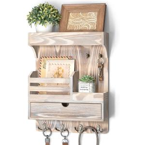 Rebee Vision Farmhouse Key Holder Wall Mount with Drawer Organizer  Wooden Mail & Key Organizer with 6 Strong Hooks & Wall Shelf  A Perfect Addition to Your Farmhouse Home Decor (Natural Wood)