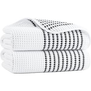MICROFI New Microfiber Waffle Bath Towels, 2 Pieces, Soft, Absorbent, Fast Drying, Lint Free 430 GSM (White Striped)