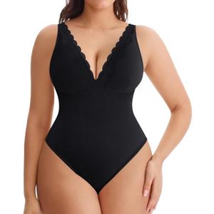 MERYOSZ Shapewear Bodysuit Tummy Control Body Shaper for Women V Neck Bodysuits Thong Lace Camisoles Jumpsuit Tops (Large, Black)