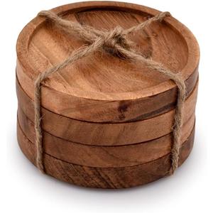 Kaizen Casa Wooden Coasters for Drinks - Natural Acacia Wood Drink Coaster Set for Drinking Glasses, Tabletop Protection for Any Table Type, Set of 4 (Design 2)