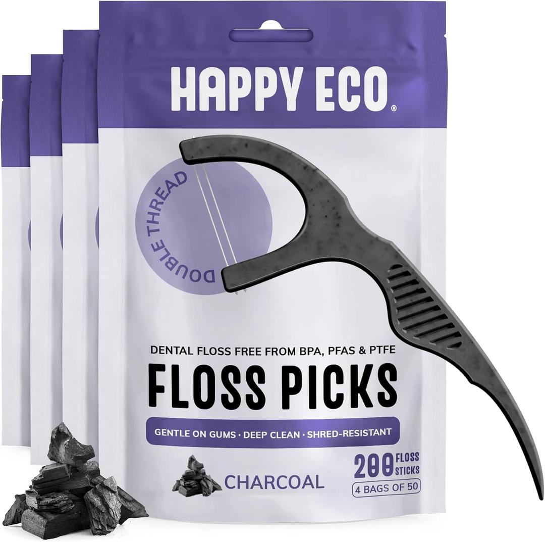 Dental Floss Picks for Teeth (200ct) - Double Thread Tooth Picks Flossers for Adults, Toothpicks Floss, Vegan Corn-Straw Handle, Shred-Resistant String for Interdental Oral Care & Gum Health, Charcoal (50 Count (Pack of 4))