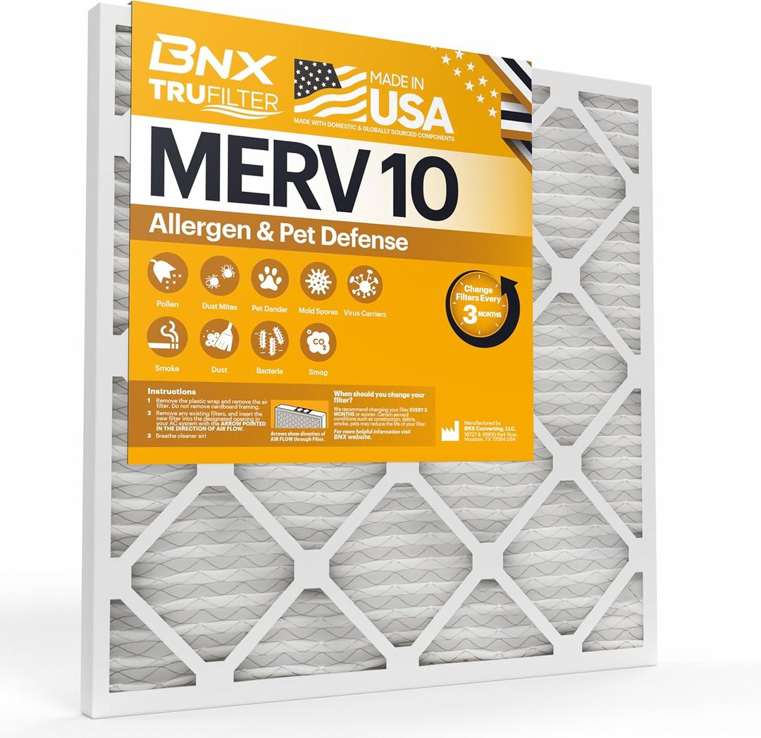 BNX TruFilter 20x20x1 MERV 10 (4-Pack) AC Furnace Air Filter - MADE IN USA - Pleated Air Conditioner HVAC AC Furnace Filters - Removes Odor, Mold, Bacteria, Smoke