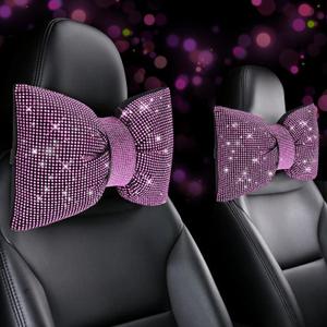 2 PCS Bling Car Pillows,Rhinestones Bowknot Car Headrest Pillow,Car Neck Pillow for Driver Relax Necksupport,Sleeping Travel Support Neck Pillow,Shiny Diamond Interior Accessories for Women,Pink