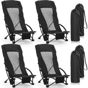 4 Pack Beach Chair for Adult High Back Low Beach Chair Bulk Portable Folding Camping Chairs Lightweight Sand Chairs with Cup Holder Carry Bag for Outdoor Camping Sand Concert