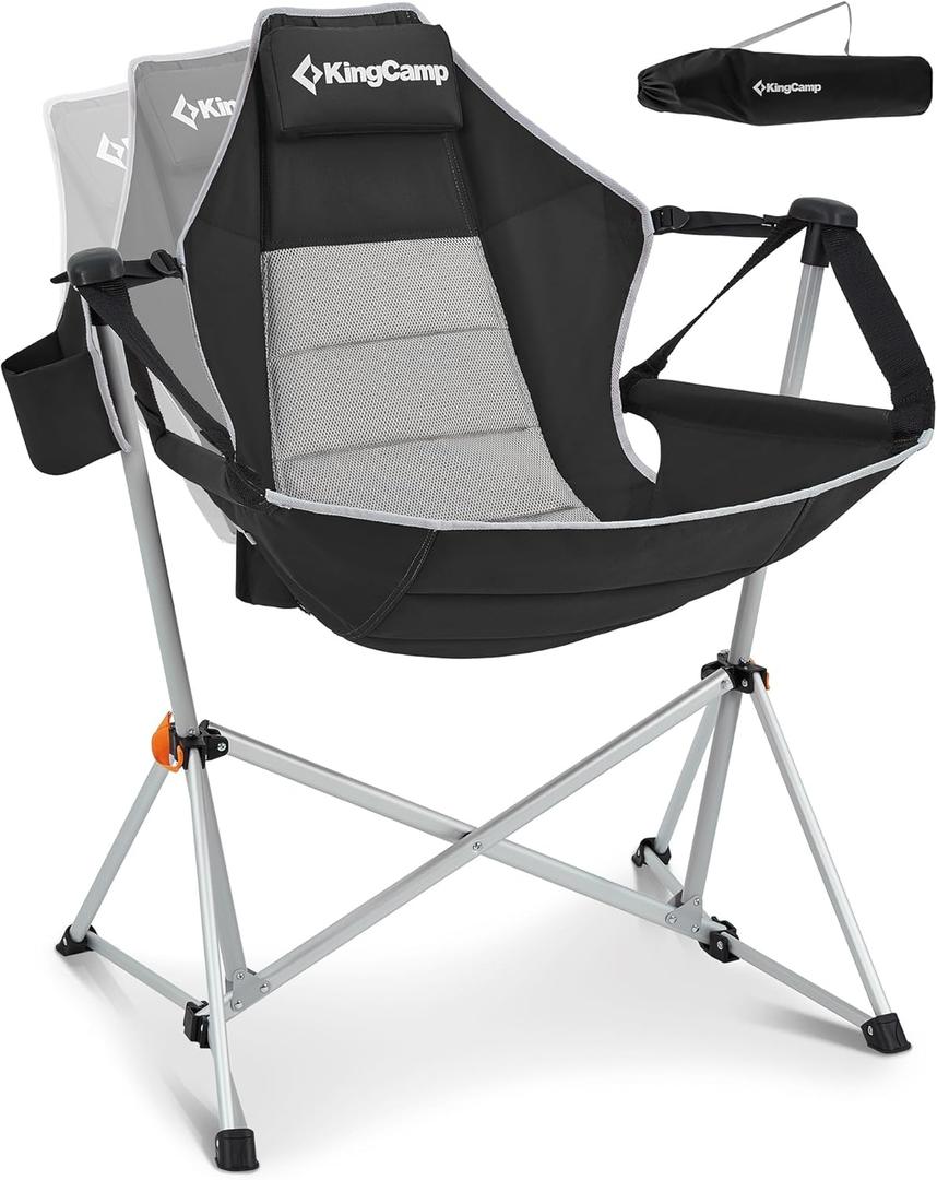 KingCamp Hammock Camping Chair, Swinging Portable Folding Camp Chairs for Adults Max 400lbs Heavy Duty Foldable Oversized Rocker with Aluminum Alloy Frame Cup Holder for Outdoor Beach Patio Sport (Black)