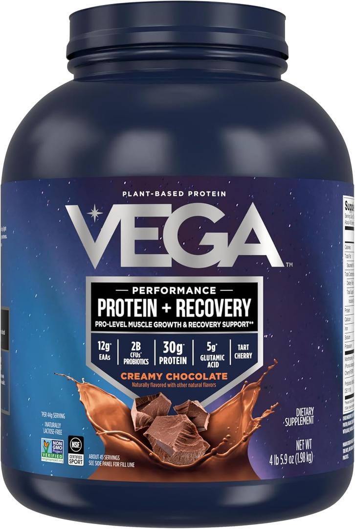 Vega Sport Vegan Protein Powder + Recovery - 30g Plant Based Protein per Serving, Chocolate, 45 Servings, 5g BCAAs, Probiotics, NSF Certified, for Shakes & Smoothies, 4.4lbs