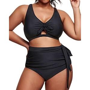 Daci Women Black 2 Piece Plus Size Bikini Swimsuit High Waisted Bottom Ruched Tie Knot Bathing Suit 18W