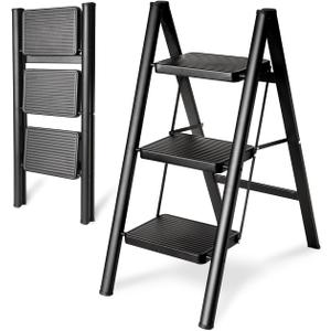 Double Elite Step Ladder 3 Step Folding, Sturdy 330 Lbs Small Step Stool for Adults, Safer Full Steel Multi-use Kitchen Ladder for Home, Closet Step Stool Ladder with Anti-Slip Wide Pedals, Black