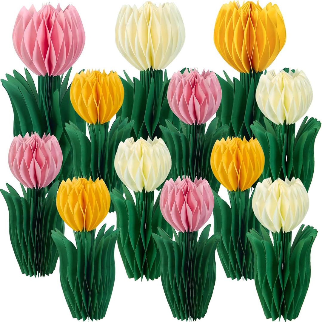 12 Pcs Tulip Honeycomb Decorations, Spring Decorations for Office, Table Decor, Tulip Party Decorations, Spring Centerpieces for Tables for Mothers Day Party, Womens Day