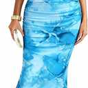 BTFBM Cocktail Dresses for Women 2026 Elegant Classy Off Shoulder Bodycon Mesh Slit Floral Maxi Spring Summer Dress (Blue, XL)