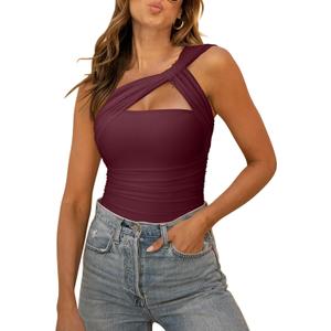 REORIA Womens Sexy One Shoulder Asymmetrical Leopard Print Mesh Ruched Backless Going Out Bodysuits Tops (Burgundy) XL