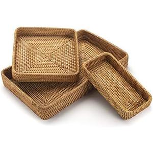Rattan Serving Tray, Rectangular Woven Tray, Natural Wicker Decorative Serving Baskets for Organizing Tabletop Bathroom Kitchen Counter (Natural)